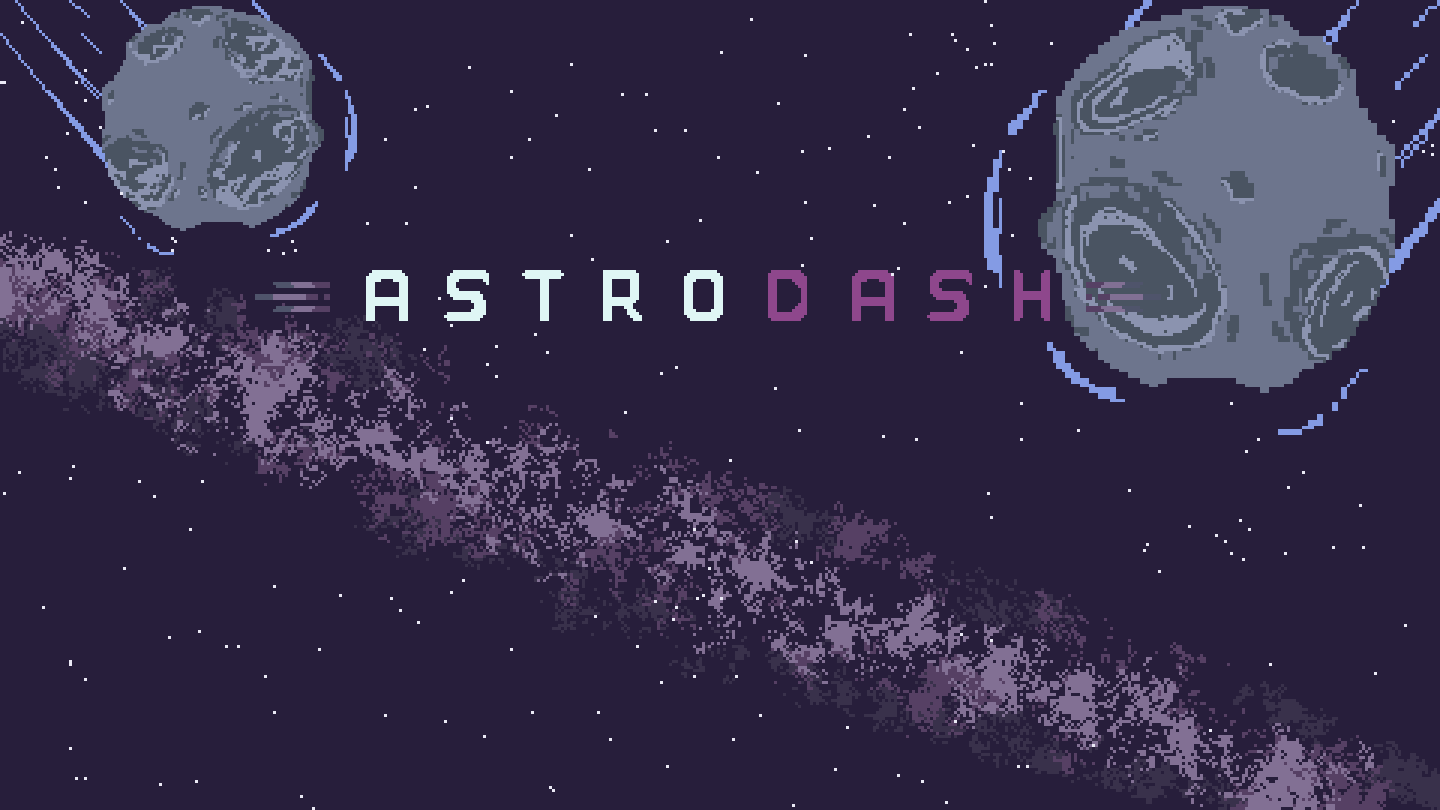 Tela de título do AstroDash, em pixel art: o nome do jogo cruzando um céu estrelado entre dois meteoros.