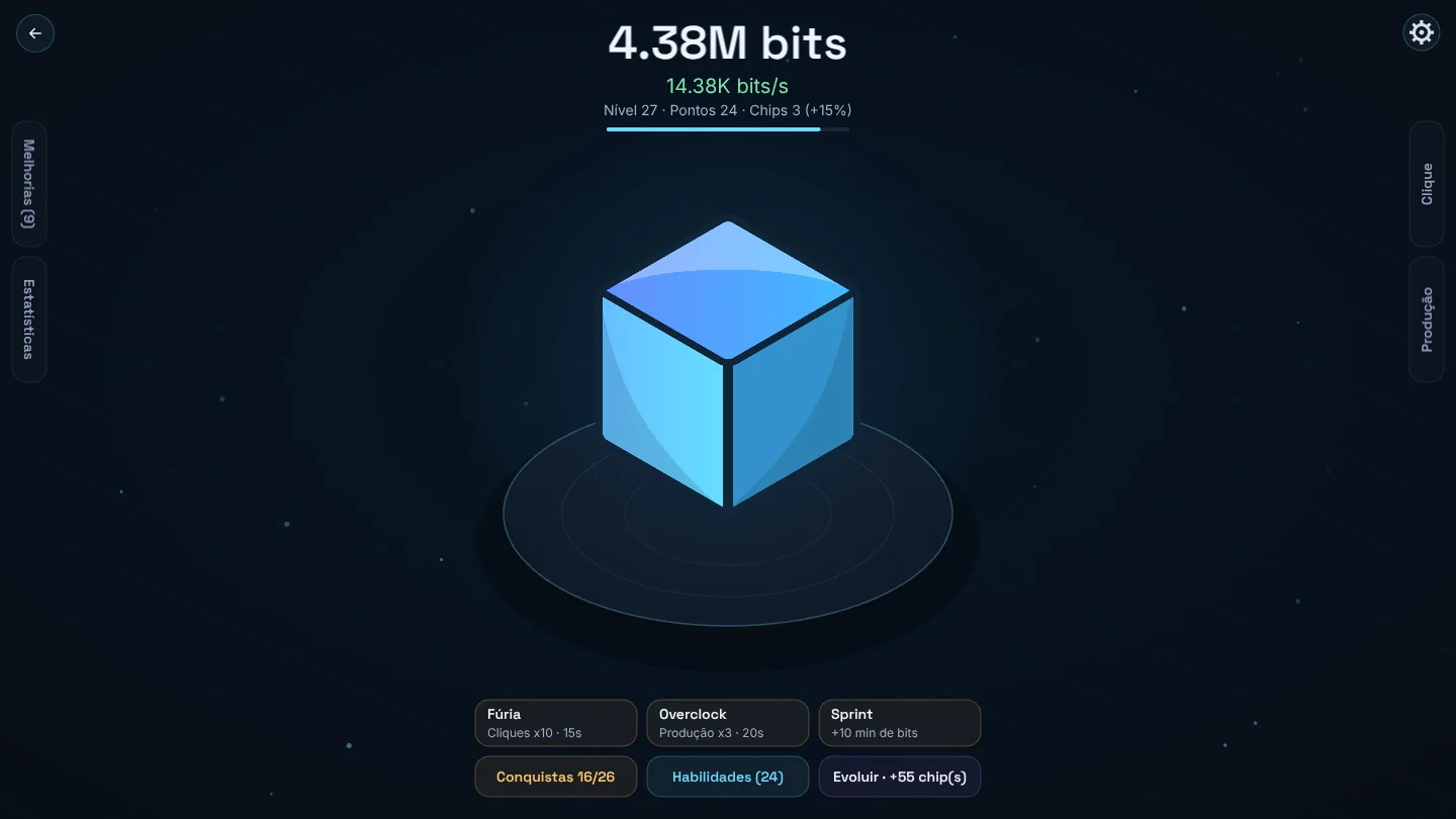 Tela do Idle Bits: um cubo isométrico sobre um pedestal, com o contador de bits no topo e painéis de upgrades nas laterais.