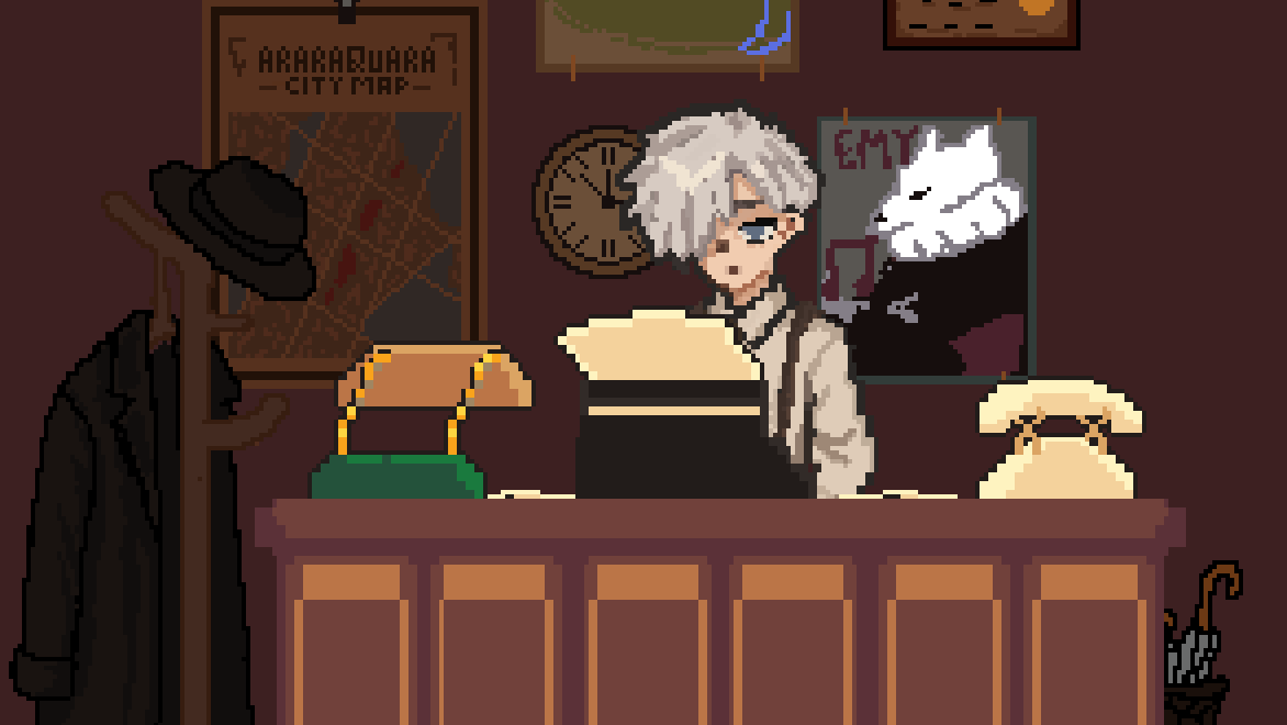 Pixel art de um detetive de cabelo claro em seu escritório, com mapa da cidade, relógio, lâmpada de mesa e telefone.